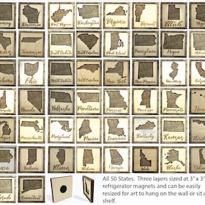 Puede incluir: Un conjunto de 50 imanes de madera con forma de estado, cada uno de 7,6 cm x 7,6 cm, con nombres de estados grabados. Los imanes son de tres capas y se pueden usar como imanes de nevera o arte mural. El texto "All 50 States" es visible.