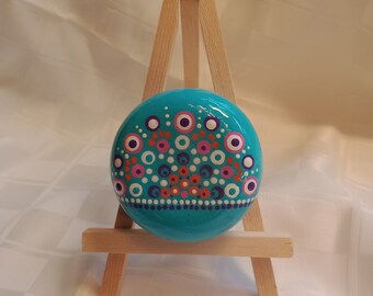 Round Blue Half Mandala Hand Painted Rock