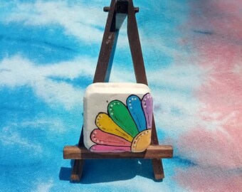 Hand-Painted Square Rock – Rainbow Flower Art, Resin Sealed Desk Decor