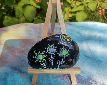 Purple and Green Dotted Flowers Hand Painted Rock