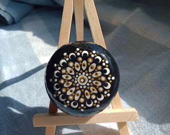 Hand Painted Rock, Black and Gold Mandala