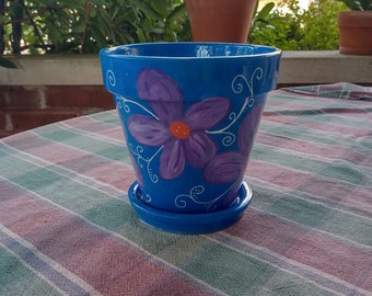 Blue with Purple Flowers Clay Painted Flower Pot with Saucer