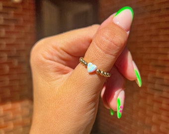 14k Gold Filled Elastic Opal Heart Ring | Stretch Ring | Gold Ring | Gold Opal Ring | Opal Ring | Elastic Ring | Gifts For Her | Stack Ring
