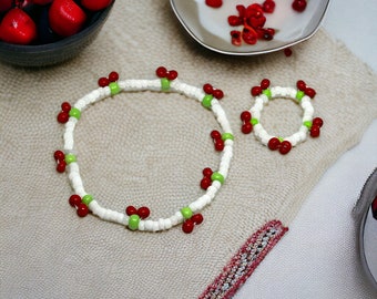 Beaded Cherry Bracelet | Beaded Cherry Ring | Stretch Bracelet | Gifts For Her | Cherry Bracelet | Ring and Bracelet Set