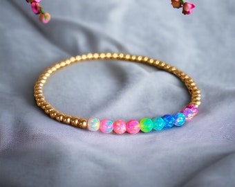 Rainbow Opal 14k Gold Filled Bracelet | Opal Bracelet | 3mm Gold Filled Beads | 4mm Opal Beads | Gift For Her | Elastic Opal Bracelet