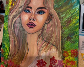 Original Oil Portrait Painting on Canvas – Floral Woman Wall Art – Boho Colorful Decor