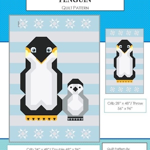 Puede incluir: Un patrón de colcha con un pingüino y un pingüino bebé. El patrón está disponible en tres tamaños: cuna, doble y manta. El patrón está clasificado como de dificultad intermedia.