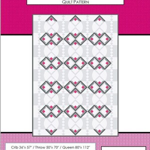May include: A quilt pattern called "Gemini" with a geometric design featuring pink and gray squares on a white background. The pattern is available in crib, throw, and queen sizes. The pattern is rated as intermediate difficulty.