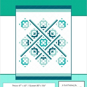 May include: A quilt pattern called "Insignia" by Sammy Emme. The pattern features a geometric design with teal and blue squares and lines on a white background. The pattern is available in two sizes: throw (47 inches by 63 inches) and queen (80 inches by 106 inches).