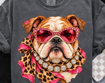 Boujee Bulldog PNG, Pink Glam Bulldog Mascot Sublimation Design, Preppy Leopard Print Animal Graphic (Digital Download)