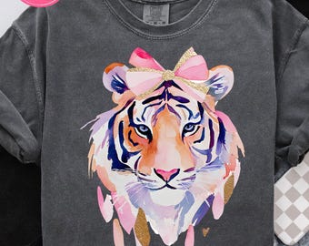 Tiger Brushstroke PNG, Preppy Tiger Mascot With Coquette Bow Sublimation Design (Digital Download)