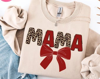 Mama Red Leopard PNG - Preppy Coquette Bow Mom Shirt Sublimation Design (Digital Download)