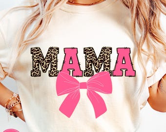 Mama Pink Leopard PNG - Preppy Coquette Bow Mama Shirt Sublimation Design (Digital Download)