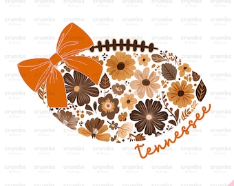 Fútbol americano de otoño de Tennessee PNG / Coquette Tennessee PNG / Diseño de sublimación para camiseta de fútbol americano con estampado floral de otoño / Día de partido de Tennessee / Ambiente otoñal PNG