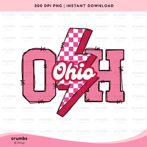 Retro Ohio PNG | Pink Ohio Shirt Sublimation Design | Ohio Game Day | Checkered Retro Lightning | Ohio State Png | Ohio Girl | OH Png