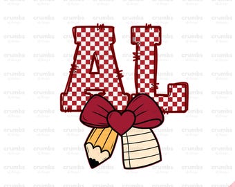 Alabama Teacher PNG | Alabama Coquette Bow Pencil | Alabama Teacher Sublimation Design | Red Alabama Game Day Shirt | Checkered AL Png
