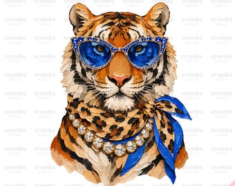 Boujee Tiger PNG, Royal Blue Glam Tiger Mascot Sublimation Design, Preppy Leopard Print Animal Graphic (Digital Download)