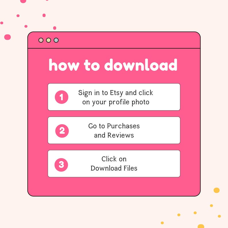 May include: A pink graphic with the text "how to download" and numbered steps. The steps include signing in to Etsy, going to purchases and reviews, and clicking on download files.