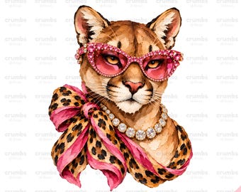 Boujee Cougar PNG, Pink Glam Tiger Mascot Sublimation Design, Preppy Leopard Print Animal Graphic (Digital Download)