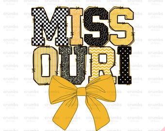 Missouri PNG | Missouri Coquette Bow Png | Preppy Missouri Shirt Sublimation Design | Gold and Black Missouri Game Day Png