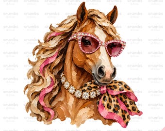 Boujee Horse PNG, Pink Glam Horse Mascot Sublimation Design, Preppy Leopard Print Animal Graphic (Digital Download)
