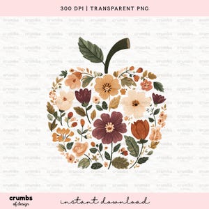 Op de afbeelding: Een bloemenappelontwerp met een steel en blad, samengesteld uit verschillende bloemen in tinten oranje, bordeauxrood en crème. De woorden "instant download" staan onderaan.