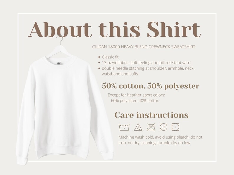 Puede incluir: Sudadera blanca de cuello redondo en una percha. La sudadera est&aacute; hecha de una mezcla de 50% algod&oacute;n y 50% poli&eacute;ster. Las instrucciones de cuidado incluyen lavar a m&aacute;quina con agua fr&iacute;a, evitar el uso de lej&iacute;a y secar en secadora a baja temperatura.