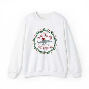 Sudadera de Navidad de tiburón, Navidad de Holly Jawly, cuello redondo de Navidad de tiburón, suéter feo de tiburón, regalo para los amantes de los tiburones, suéter de tiburón divertido imagen 2
