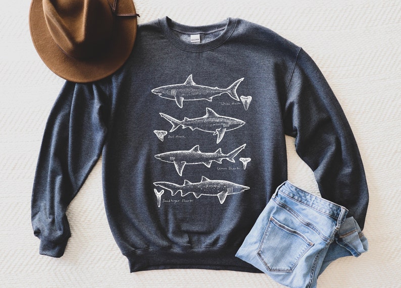 May include: A dark gray sweatshirt with a white graphic of four different shark silhouettes and their teeth. The graphic includes the names of each shark: Great White, Bull Shark, Lemon Shark, and Sand Tiger Shark.