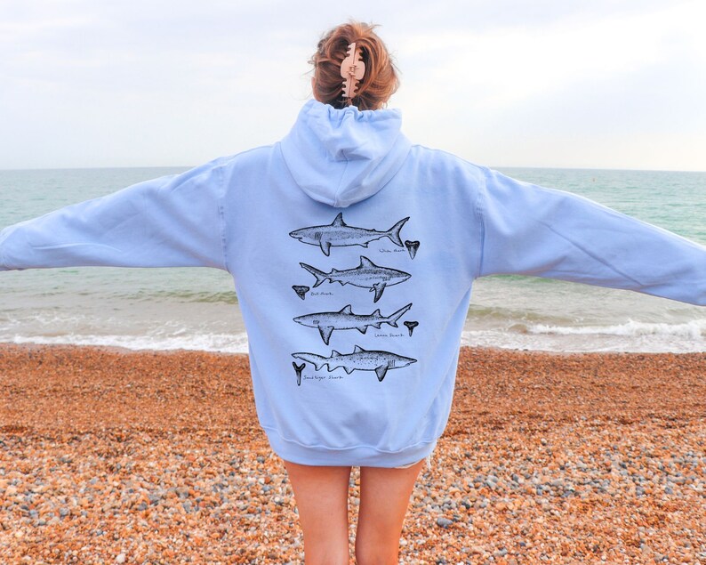 May include: A light blue hoodie with a graphic of five different types of sharks on the back. The sharks are labeled with their names: White Shark, Bull Shark, Lemon Shark, Sand Tiger Shark, and Dogfish Shark.