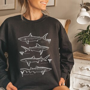 May include: Black sweatshirt with a white graphic of four different types of sharks with their names: White Shark, Bull Shark, Lemon Shark, and Sand Tiger Shark.