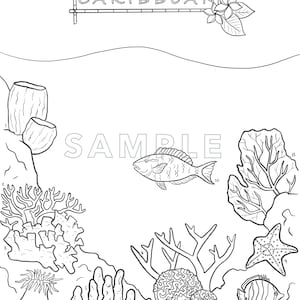 May include: A black and white coloring page featuring a coral reef scene with various types of coral, fish, and sea life. The title of the page is "Coral Reefs of the CARIBBEAN".