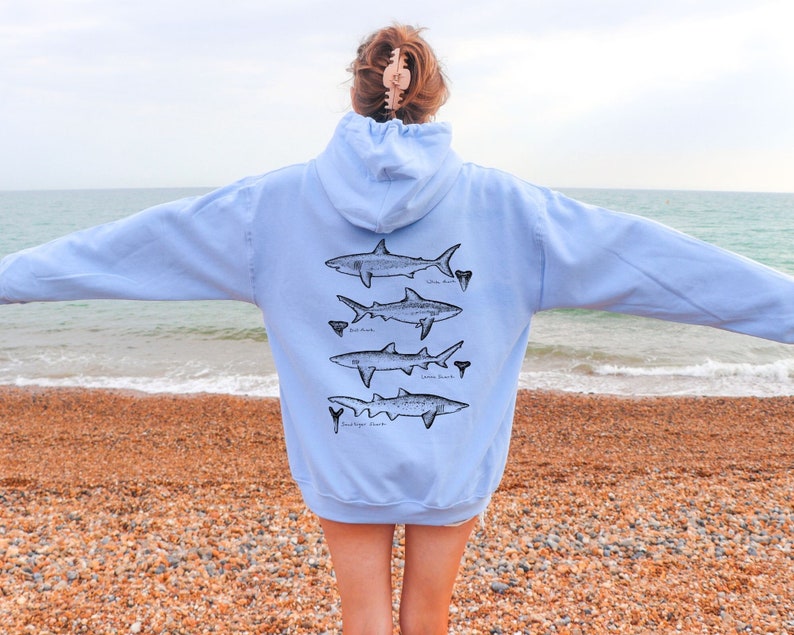 May include: A light blue hoodie with a graphic of five different shark silhouettes on the back. The sharks are labelled with their names: White Shark, Bull Shark, Lemon Shark, Sand Tiger Shark, and Dogfish Shark.