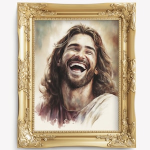 Arte de pared imprimible - Arte de Jesús riendo - Descarga de arte de pared religiosa - Pintura de acuarela de Jesús - Arte vintage de Jesús