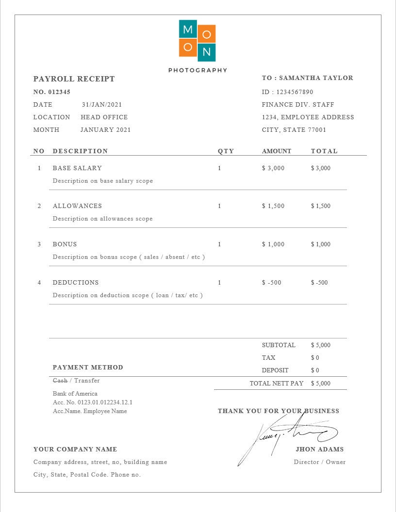 Professional Payroll Receipt Templates With Logo for Word Fully ...