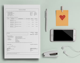 Plantilla de orden de compra profesional con descripción larga y sin logotipo para Excel Editable y personalizable, descarga instantánea