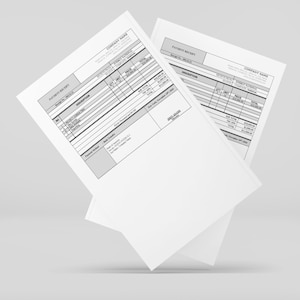 Puede incluir: Dos recibos de pago blancos con texto negro y detalles grises. Los recibos incluyen secciones para el nombre de la empresa, la descripción, la cantidad, el precio y el total. Los recibos están ligeramente inclinados, uno cubriendo parcialmente al otro.