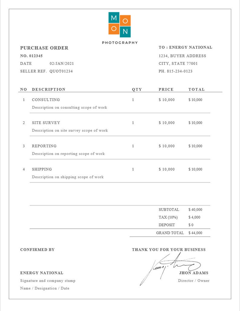 Professional Purchase Order Template With Logo for Word Editable and ...