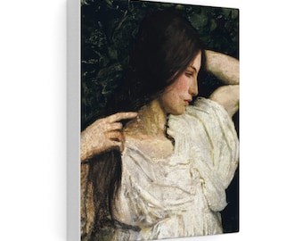 Retrato Vintage American Painting of Girl Arranging Her Hair, Antique Old Oil Painting, House Decor, Printable Digital Art