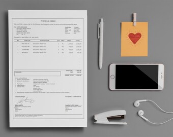Plantilla de orden de compra profesional con descripción corta y sin logotipo para Excel editable y personalizable, descarga instantánea
