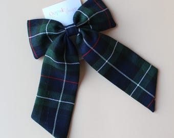 Navy & Green Tartan Hair Bow Long | Hair Accessories | Long Plaid Bow Clip