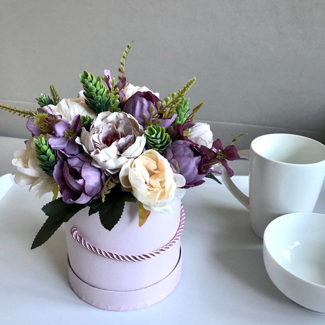 Artificial flower decor in a hat box Etsy