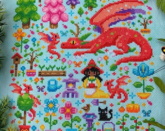 Dragon Fantasy Cross Stitch Pattern - Garden Magic - Nature Magic Modern Fantasy Cross Stitch Pattern PDF