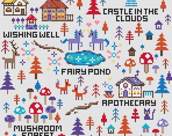 May include: A cross-stitch pattern featuring a whimsical fantasy landscape. The design includes a castle in the clouds, a wishing well, a fairy pond, and a mushroom forest. The text includes "Castle in the Clouds", "Wishing Well", "Fairy Pond", "Apothecary", and "Mushroom Forest".