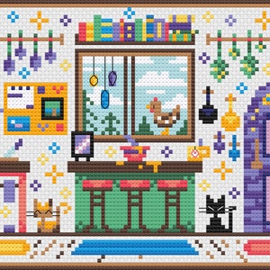 May include: A pixel art illustration of a kitchen with a fireplace, a cauldron, a cat, a chicken, and a broom. The kitchen has a yellow counter with a bowl of ingredients, a sink, and a shelf with jars and bottles. The fireplace is purple and has a fire burning inside. The cat is black and is sitting on the floor. The chicken is brown and is standing in the window. The broom is brown and is leaning against the wall.
