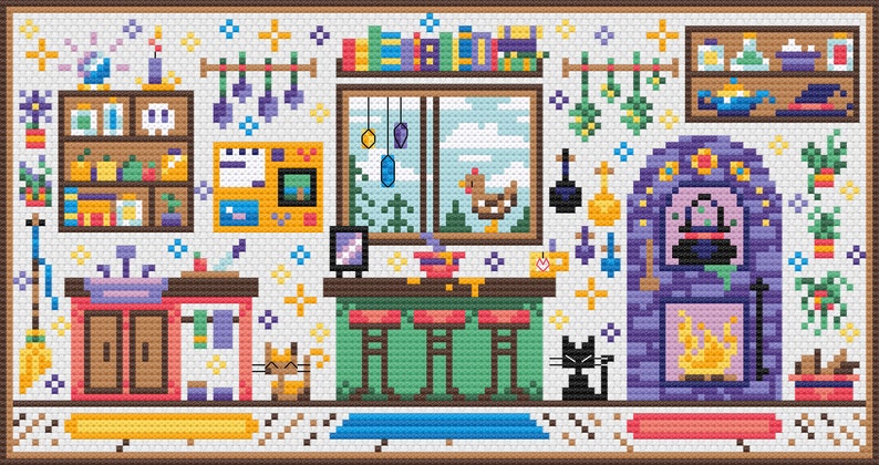 May include: A pixel art illustration of a kitchen with a fireplace, a cauldron, a cat, a chicken, and a broom. The kitchen has a yellow counter with a bowl of ingredients, a sink, and a shelf with jars and bottles. The fireplace is purple and has a fire burning inside. The cat is black and is sitting on the floor. The chicken is brown and is standing in the window. The broom is brown and is leaning against the wall.