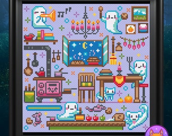Ghost Party Cross Stitch Pattern - Spooky Haunted Kitchen (PDF Pattern)