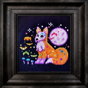 May include: A cross-stitch embroidery of a colorful fox with a purple moon and bats in the background. The fox is wearing a sugar skull design.