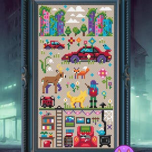 May include: Cross-stitch art featuring a whimsical cityscape with colorful buildings, cars, and nature elements. Includes a deer, fox, and cat. The artwork is framed in a decorative blue frame.