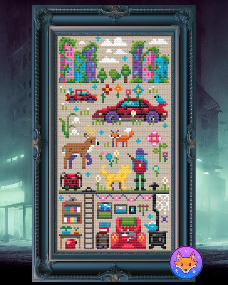 May include: Cross-stitch art featuring a whimsical cityscape with colorful buildings, cars, and nature elements. Includes a deer, fox, and cat. The artwork is framed in a decorative blue frame.